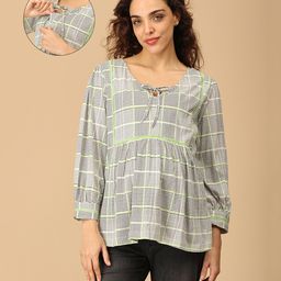 The Mom Store Cotton Full Sleeves Checked Maternity & Nursing Top - Multi Colour-image-40