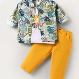 WOW Clothes Sinker Knit Full Sleeves Shirt & Trouser Set With T-Shirt & Leaf Print - Khaki-image-35