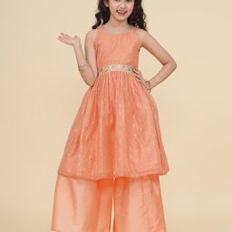 Bitiya By Bhama Silk Woven Sleeveless Floral Embroidered Sequins Embellished Kurta Palazzo Set - Peach-image-97