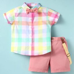 ToffyHouse Poplin Woven Half Sleeves Checks Shirt & Shorts With Bow & Suspender - Multicolor-picture-3