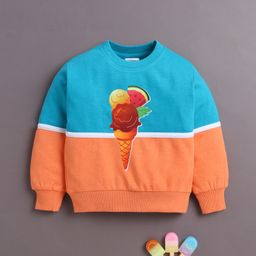 BUMZEE Cotton Knit Full Sleeves Cut & Sew Sweatshirt With Ice-Cream Print - Light Blue & Orange-picture-15