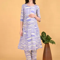 GOLDSTROMS Geometric Printed Round Neck Pure Cotton Maternity Kurta With Trousers-27