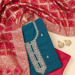 Koskii Blue Zari Work Soft Raw Silk Unstitched Salwar Suit-image-34
