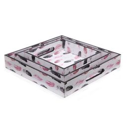 FABINALIV Set of 3 Floral Square Wooden Serving Trays - Multicolor image 2