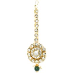 OOMPH Green Beads & Kundan Multi Layer Choker Necklace Set with Drop Earrings & Maangtikka image 4