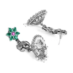 OOMPH Jewellery Oxidized Silver Green & Red Elephant Design Ethnic Jhumki image 4