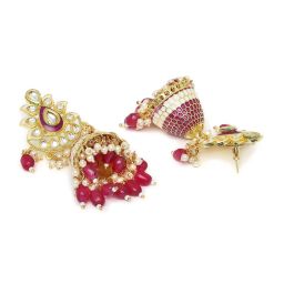 OOMPH Jewellery Pink Red Meenakari Enamel with Kundan and Pearls Ethnic Large Jhumki image 4