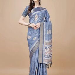 JUST FASHION Blue Silk Printed Saree With Unstitched Blouse-image-48