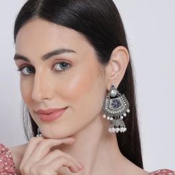 Aatmana Blue Meenakari Kundan & Pearl Floral Ethnic Jhumki Earrings image 2
