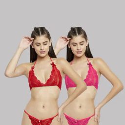 AROUSY Red & Pink Self Pattern Bra Panty Set - Pack Of 2-14