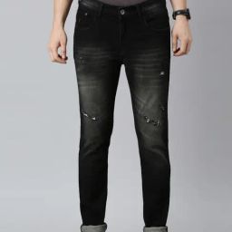 CINOCCI Charcoal Cotton Slim Fit Distressed Jeans-image-34