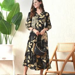 DECKEDUP Black Cotton Floral Three-Quarter Sleeves Dress-image-28