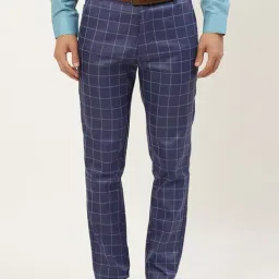 Sojanya Navy Cotton Regular Slim Fit Checks Flat Front Trousers-image-59