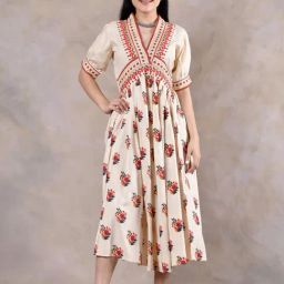 Rustorange Beige Floral Print A-Line Dress-image-92