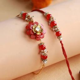 Priyaasi Red & Golden Flower Beaded Rakhi with Roli Chawal -Set of 2-image-22