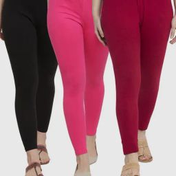 Gracit Black & Pink Mid Rise Leggings - Pack Of 3-image-78