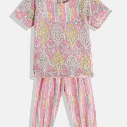 READIPRINT FASHIONS Kids Pink & White Floral Print Kurta With Pyjamas-image-36