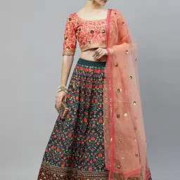 SHUBHKALA Teal Green & Peach Silk Embroidered Lehenga and Choli Set With Dupatta image 4