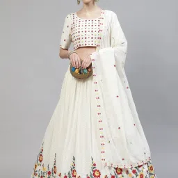 SHUBHKALA White Embroidered Lehenga and Choli Set With Dupatta image 4