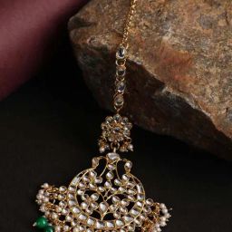 Aatmana Gold-Toned Green & White Kundan Beaded Traditional MaangTikka for Women-19