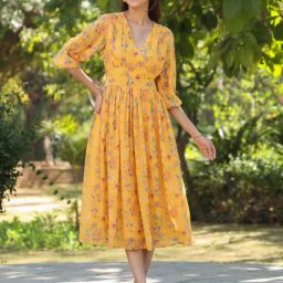 Janasya Yellow Printed Casual Dress-picture-48