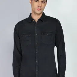 Kuons Avenue Charcoal Grey Slim Fit Solid Casual Denim Shirt-image-86