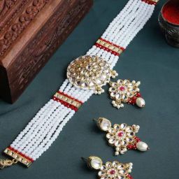 Panash Gold Plated White & Red Kundan Jewellery Set-image-45