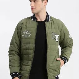 SHOWOFF Olive Nylon Slim Fit Solid Jacket-image-96