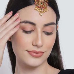 Aatmana Gold-Plated Ruby & Emerald Kemp Stones Pearls MaangTikka for Women-39