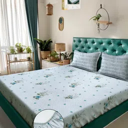 KLOTTHE Grey & Green Floral Printed Cotton 400 TC King Bedsheet Sets 2.5 m x 2.25 m-6