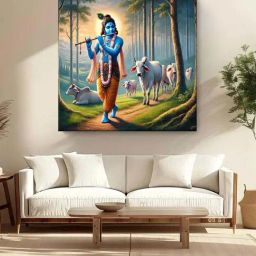 999Store Multicolor Canvas Lord Krishna With Cows Painting-10