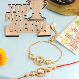 NVR Gold Toned Kundan Studded Bhaiya Bhabhi Rakhi Set, Combo for Rakshabandhan-37
