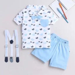Bumzee Kids Sky Blue & White Cotton Printed Polo T-Shirt Set-image-81