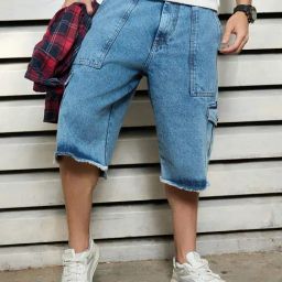 High Star Blue Cotton Regular Fit Denim Shorts-image-15