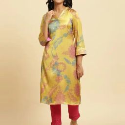 W Yellow Floral Print Straight Kurta-image-10