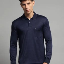 Monte Carlo Navy Blue Cotton Blend Regular Fit Self Design Polo T-Shirt-picture-28