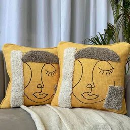 EXPORT HOUSE Yellow & Brown 2 Pieces Abstract Embroidered Cotton Square Cushion Covers-15