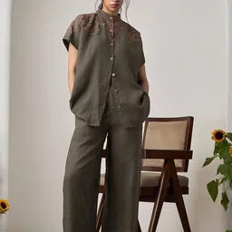Maisolos Embroidered Linen Mandarin Collar Shirt With Trousers Co-Ords Set-image-56