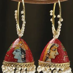 Oomph Hand Printed Meenakari Radha Krishna Design Red Jhumki Earrings-48