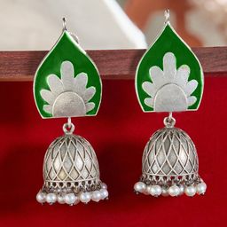 Priyaasi Silver-Plated Dome Shaped Pearls Oxidised Jhumkas Earrings-image-22