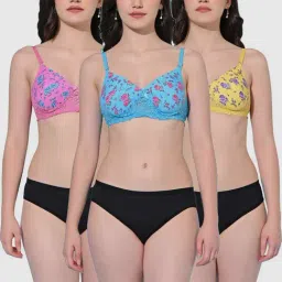 FIMS Turquoise & Pink Floral Print Bra Panty Sets - Pack Of 3-image-41
