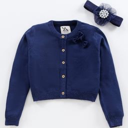Yellow Apple Knitted Full Sleeves Front Open Sweater with Head Band Solid - Blue-image-70