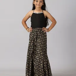Kiddopanti Sleeveless Mirror Work Detailed & Embroidered Halter Neck Choli With Seamless Foil Printed Ghagra - Black-picture-46