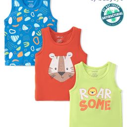 Babyoye Cotton Elastane With Anti Bacterial Finish Sleeveless Set of Vests Tiger Print Pack Of 3 - Blue Red & Green-9