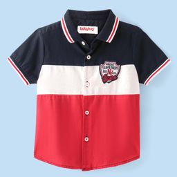 Babyhug Cotton Woven Half Sleeves Front Cut & Sew Pannel RIB Collar  Shirt with Badge Applique - Red White & Navy-image-41