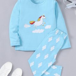 Funkrafts Full Sleeves Unicorn & Clouds Printed Coordinating Pure Cotton Night Suit - Blue-image-2