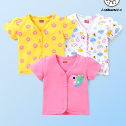 Babyhug 100% Cotton Interlock Half Sleeves Front Open Vest Bugs & Floral Print Pack of 3 - Multicolour-picture-17