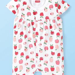 Babyhug 100% Cotton Knit Cap Sleeves Romper Apple Print - White-image-59