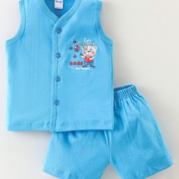 Tango Single Jersey Knit Sleeveless Night Suit With Teddy Print - Blue-image-12