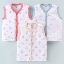 Zero Sinker Sleeveless Vests Elephant Print Pack of 3 - Red Blue & Beige-picture-35